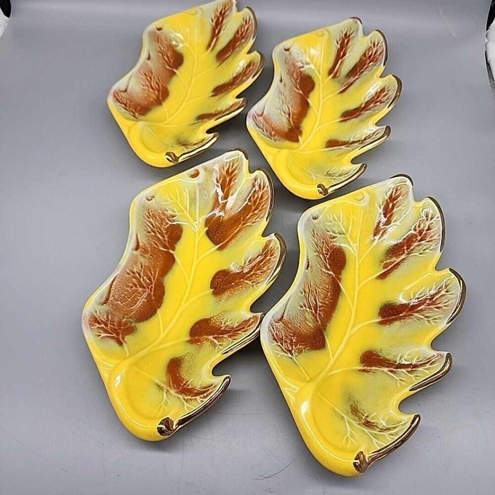 Calif 800 USA Yellow Orange Leaf Serving Dish Gold Trim Vintage MCM Set Of 4